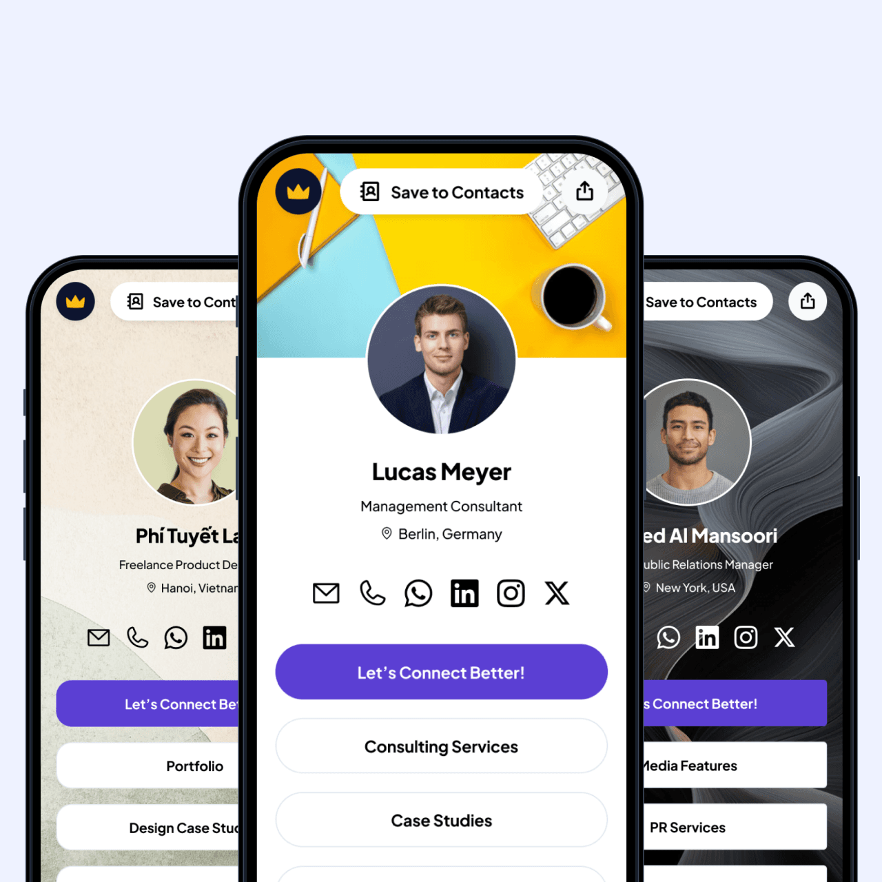 Professional profile with contact capture and lead forms