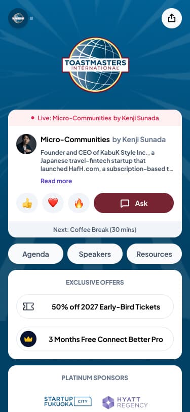 Branded event hub on a phone — live session, agenda, offers, and sponsors