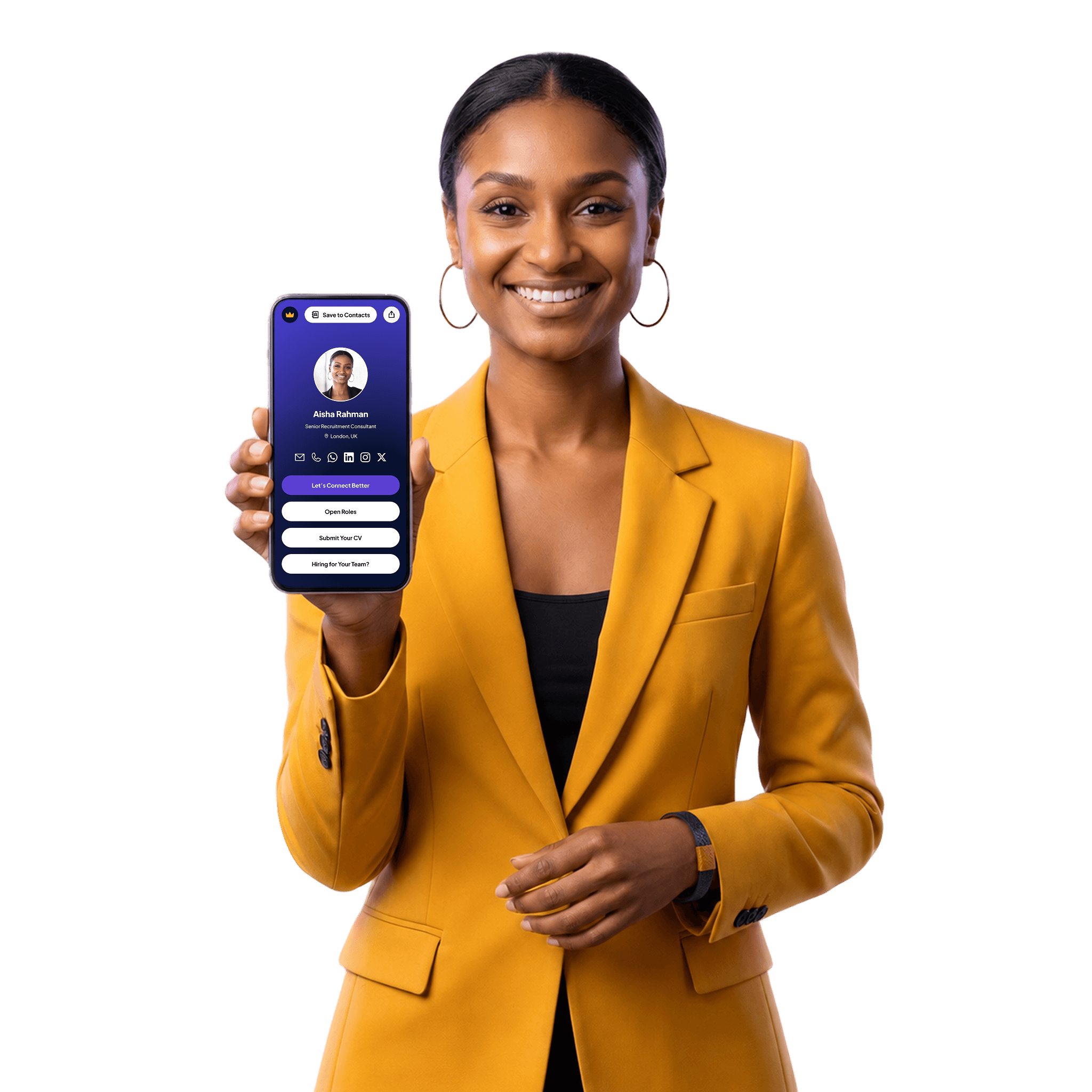 Professional holding a phone showing a Connect Better profile