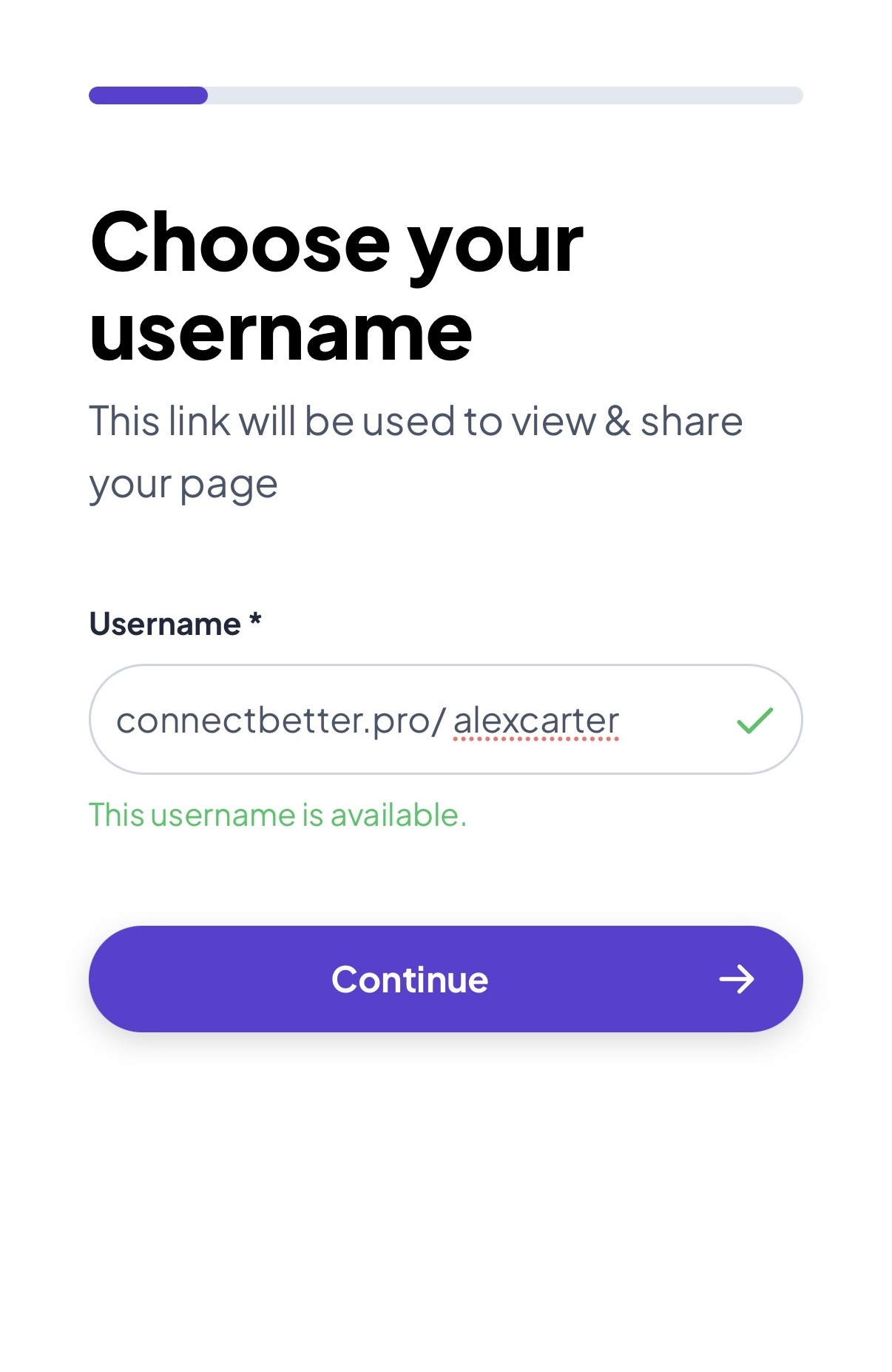 Connect Better onboarding: choose your username screen