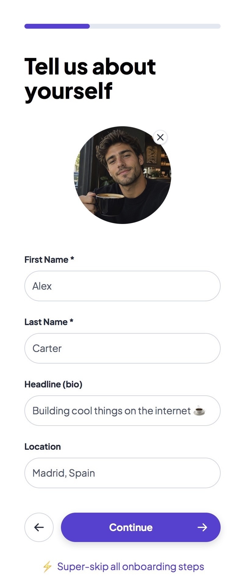 Connect Better onboarding: personal info and profile photo screen