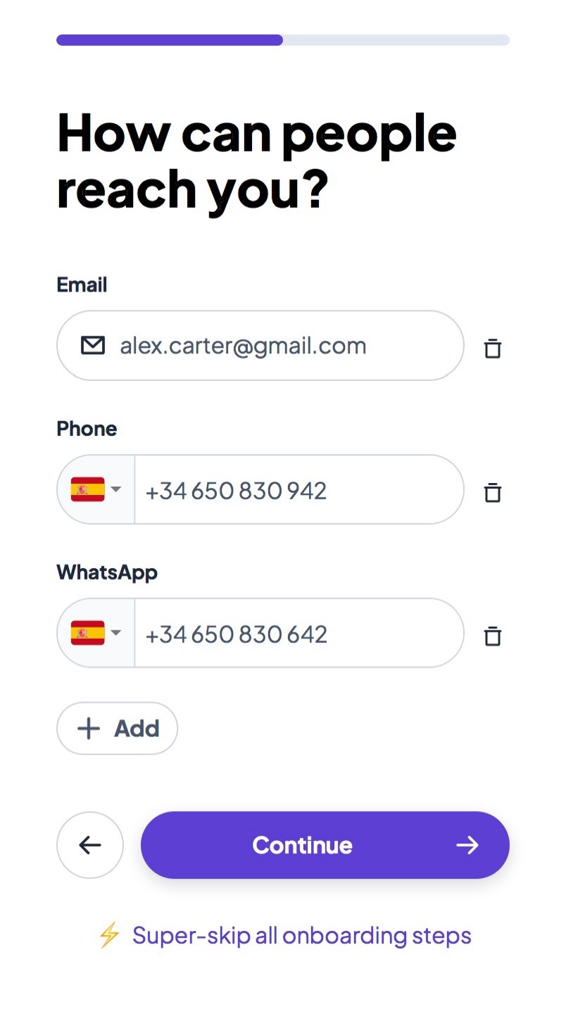 Connect Better onboarding: contact methods screen