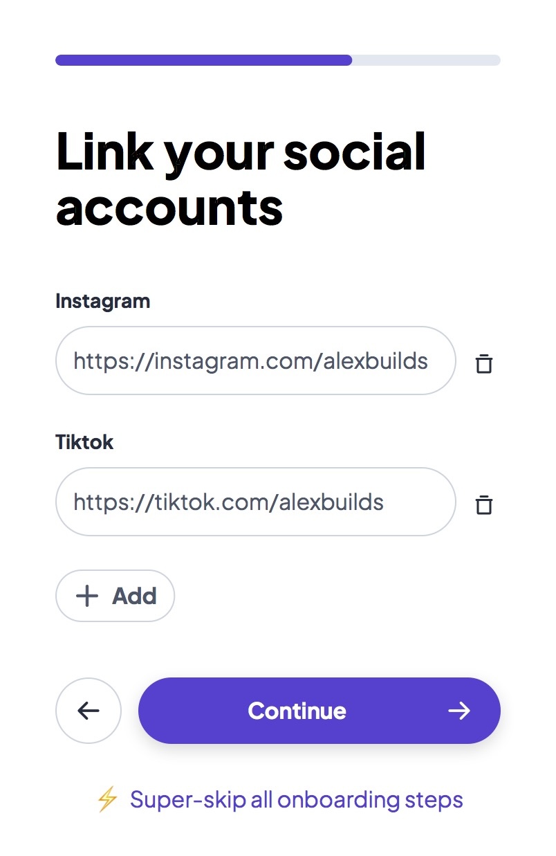 Connect Better onboarding: social links screen
