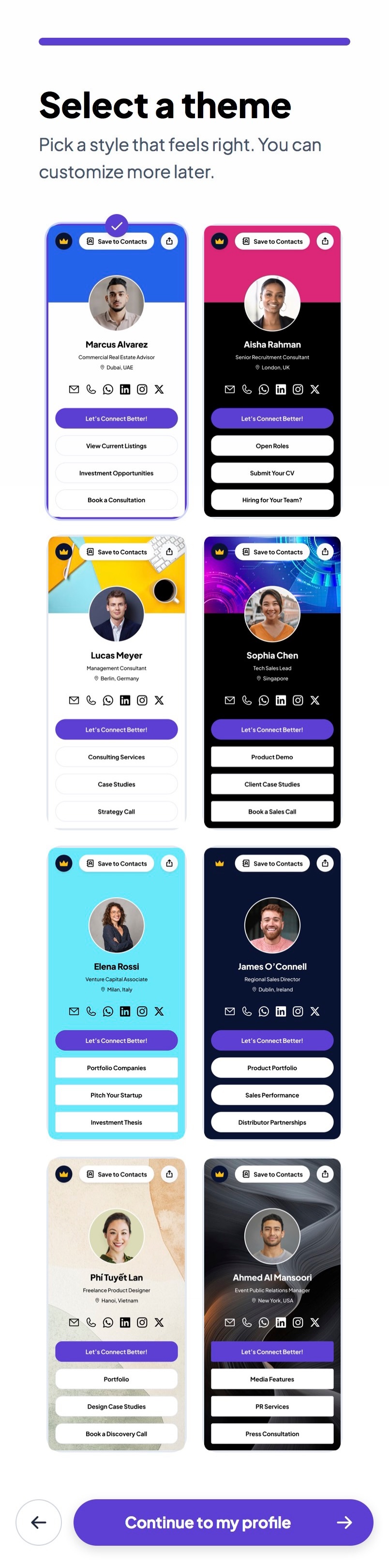 Connect Better onboarding: theme selection screen
