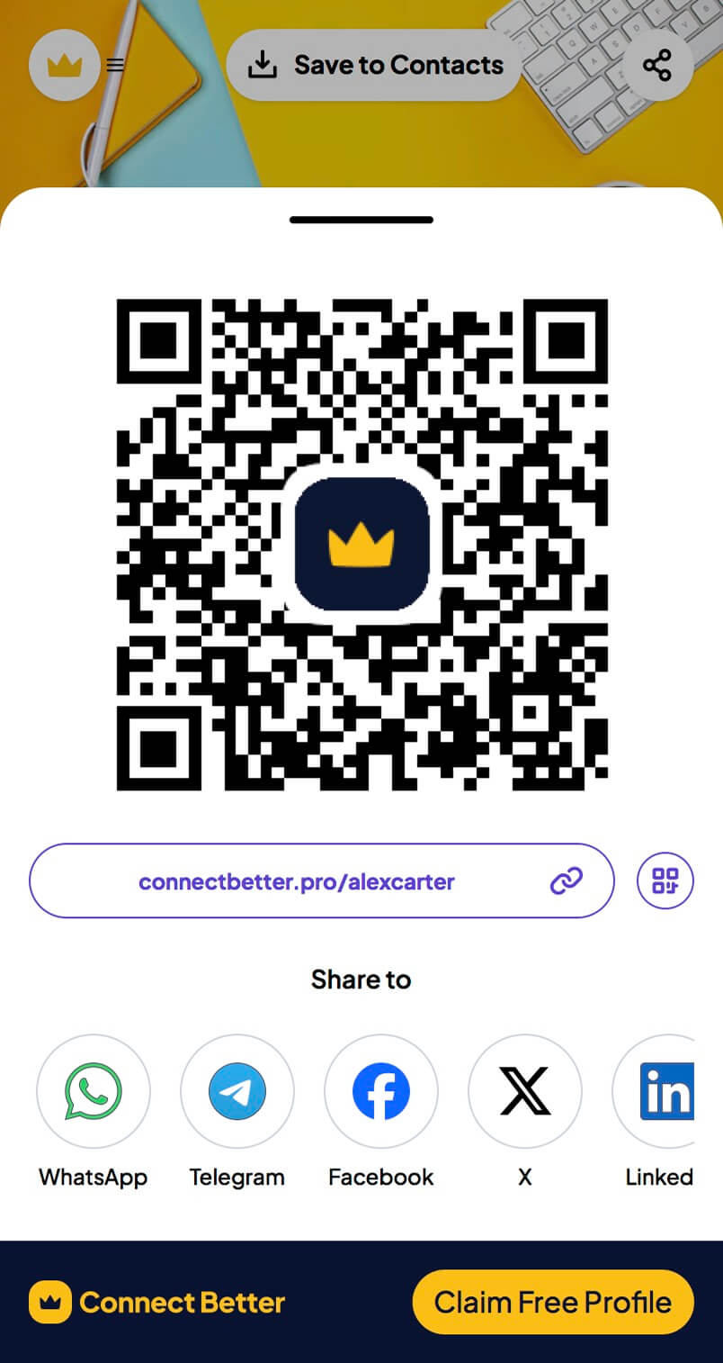 Connect Better share screen with QR code and social share options