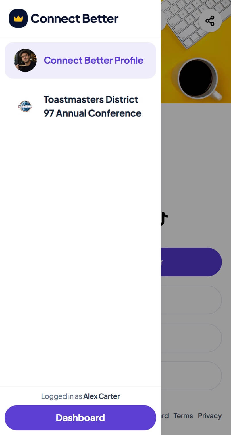 Connect Better event switcher to choose profile or conference context